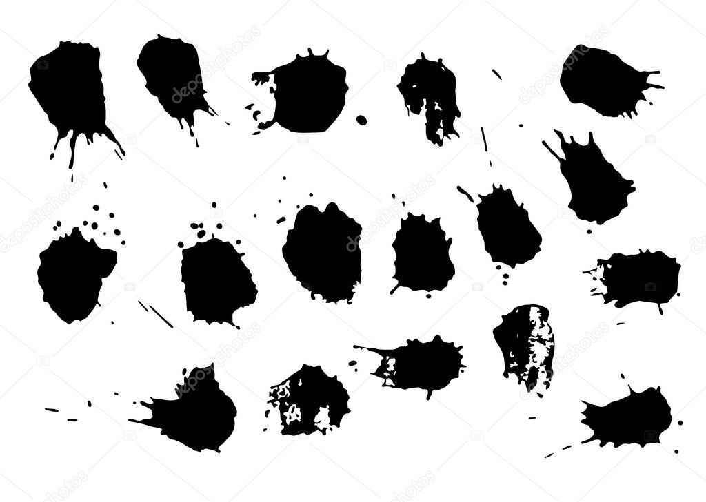 Set of black paint, ink, grunge, dirty brush strokes