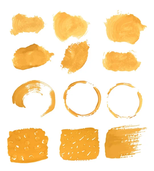黄色の塗料 インク グランジ 汚れたブラシストロークのセット スプラッシュイエローオレンジ — ストックベクタ