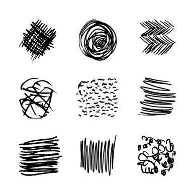 Çizgili deseni ayarlayın. Siyah ve beyaz. Tasarım ögeleri çizilmiş vuruşlar (jel kalemlerin etkisi)