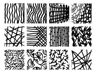 Çizgili deseni ayarlayın. Siyah ve beyaz. Tasarım ögeleri çizilmiş vuruşlar (jel kalemlerin etkisi)