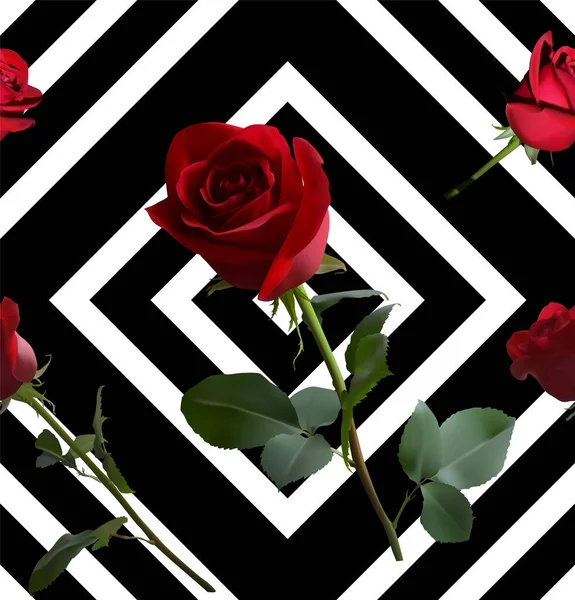 Um padrão com rosas vermelhas com folhas verdes e um longo caule —  Vetores de Stock