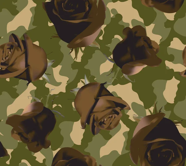 Modieus Camouflage Patroon Met Rozen Met Groene Bladeren — Stockvector