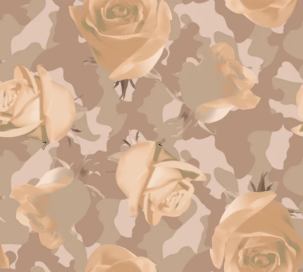 Fashionable Camouflage Beige Pattern Beige Roses Leaves — Stock Vector