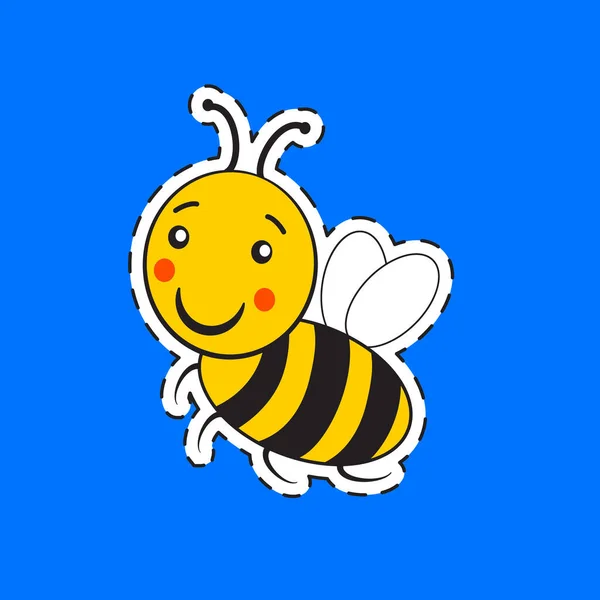 漫画かわいい縞模様小さなバンブルビーやミツバチのロゴ付き幸せな笑顔で隔離された青 — ストックベクタ