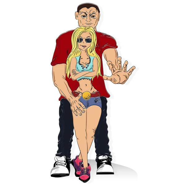 Couple Aimant Dessiné Main Embrasse Fille Homme Défend Une Fille — Image vectorielle