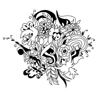 Çizgi film sevimli karalamalar çizilmiş bahar illüstrasyon ver. Siyah ve beyaz kompozisyon ayrıntılı. Nesneleri bir sürü. Ayrı olarak çizilmiş nesneleri ve herhangi bir kompozisyon taşındı. vektör çizim