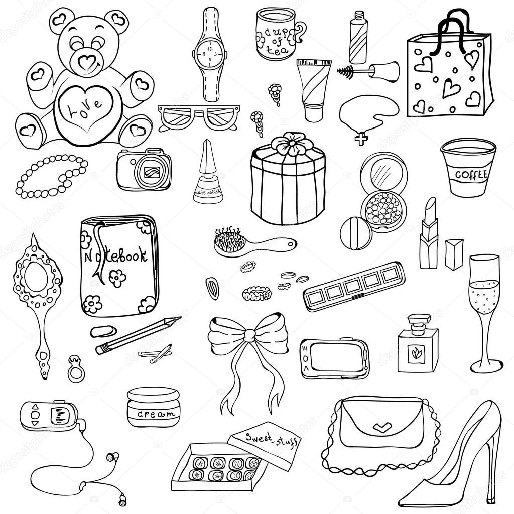 Set of female cosmetics and accessories. Hand-drawn objects. Each will come in the illustrations can be moved. Figure can be used for greeting cards. Vector illustration