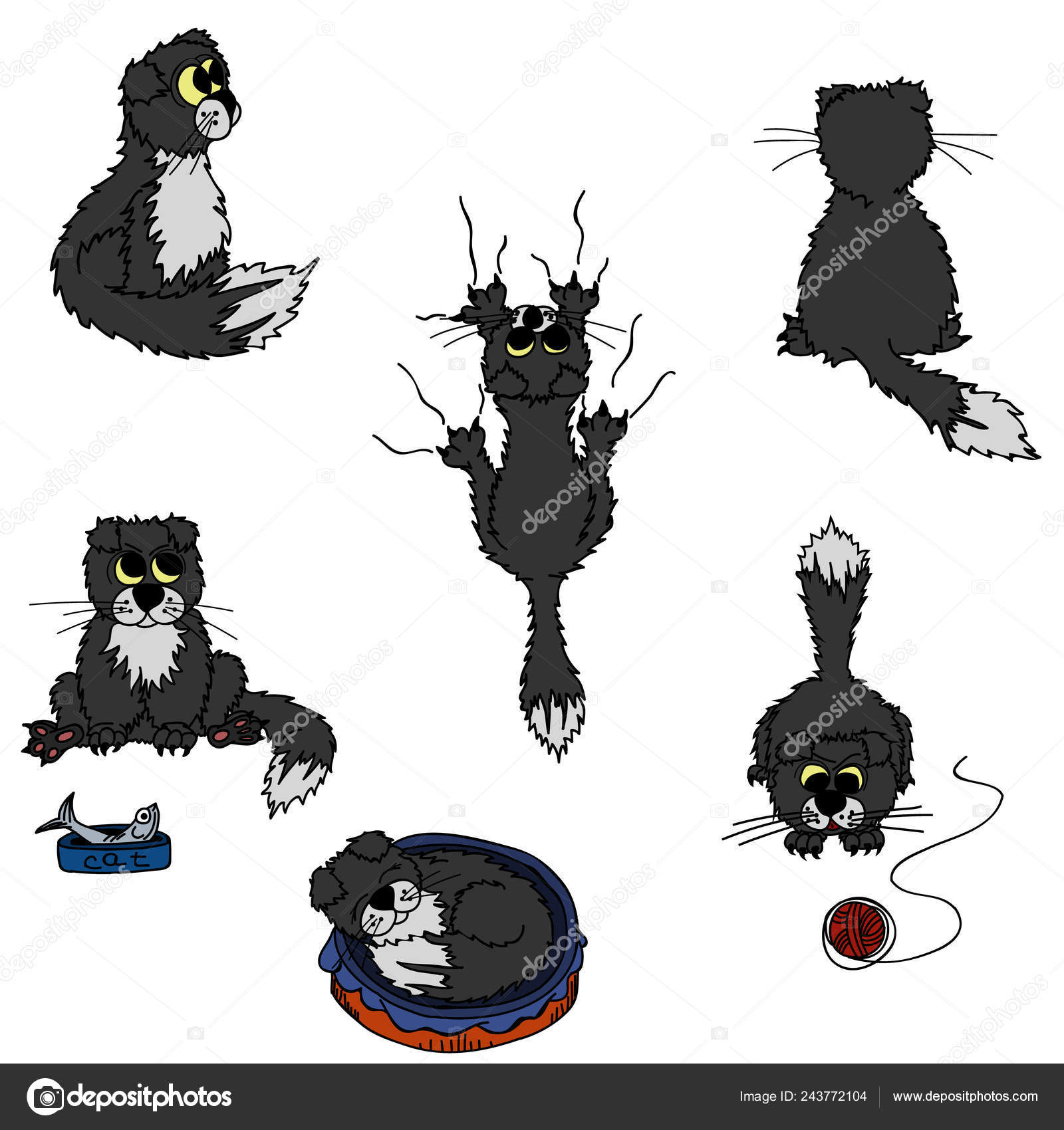 Wektor Zestaw Imagesof Kreskówka Składany Szary Kot Różnych