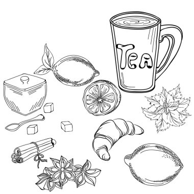 Tarçın, limon, nane, kruvasan ve şeker ile çay fincan sıcak. Siyah ve beyaz renkte çizim. Elle çizilmiş şekil. Her öğe taşınabilirler. Sketch vektör çizim