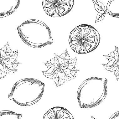 limon ve nane ile Seamless modeli. Kireç desen. Sulu yeşil vektör arka plan. Seamless modeli ile limon, limon ve nane turkuaz arka plan üzerinde. El çizimi Illustration tarzı. Vektör