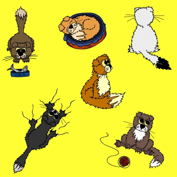 五颜六色的折叠猫的卡通图象的向量集合在不同的姿势 手绘风格的图画 宠物吃 坐在一边 积极的性格 — 图库矢量图片