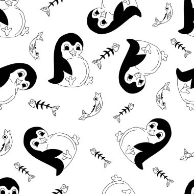 Hayvanlar, bir balık olan tam bir penguen ile seamless modeli ve balık kemikleri. Tarzında elle çizilmiş bir çizim. Siyah ve beyaz sorunsuz arka plan. 