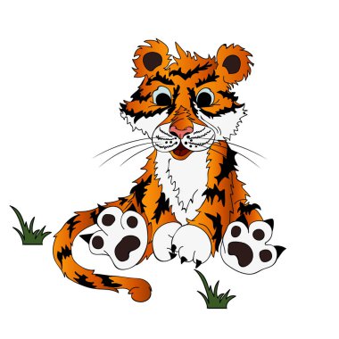 Vektör. Kaplan beyaz arka plan üzerinde izole karikatür tarzı. Renkli çocuk resmi. Serbest el çiziminin çizilmiş olumlu vahşi hayvan. Kartları, duvar kağıtları, parmak izi, kitaplar için resmi-ebilmek var olmak kullanılmış