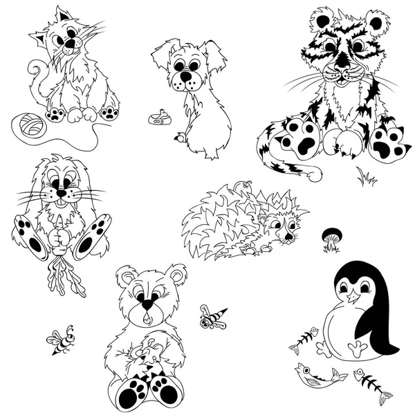 Set Cartoons Black White Different Animals Kitten Dog Bone Rabbit — 图库矢量图片