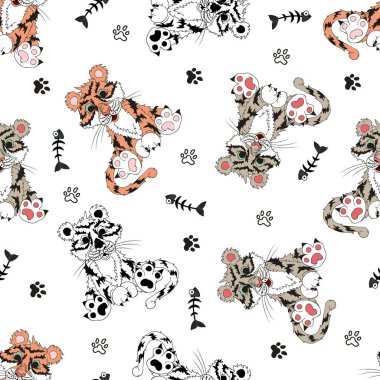 Hayvanlar, Balık ve pençeleri kemiklerinden ile bir kaplan ile seamless modeli. Tarzında elle çizilmiş bir çizim. Kuvvetler renk. Olumlu karakter. Çizim çocuklar