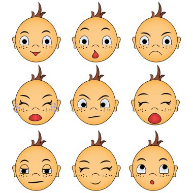 Yüzü farklı duygular ifade bir alt ayarlayın: kahkaha, sevinç, gözyaşları, sürpriz, esneme, ağlama, uyku. Komik karikatür, vektör karakter. Emoji kullanılabilir. Beyaz arka plan üzerinde izole yüz.