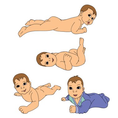Beyaz bir arka plan üzerine bir bebek kümesi. 0-12 ay. Çeşitli teşkil etmektedir. İlk yıl faaliyetleri. Pozisyonlar, mide, geri uyuyor. Beyaz arka plan üzerinde izole vektör çizim.