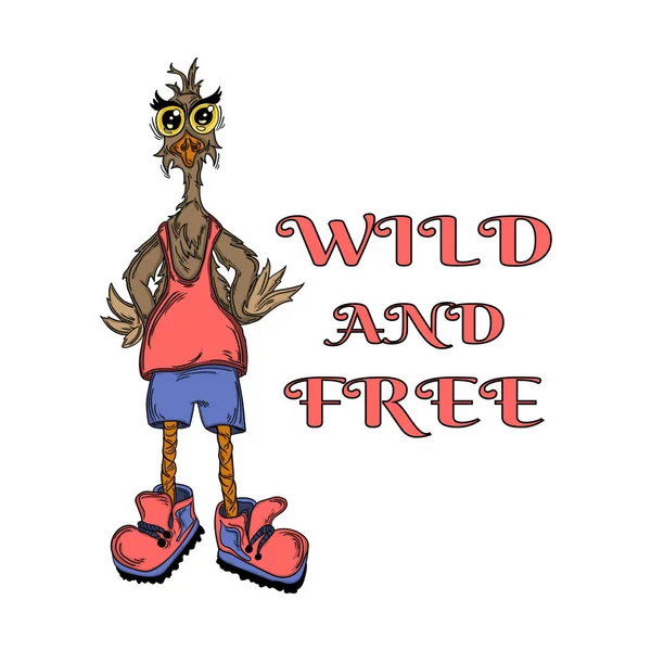 Cartoon Struisvogel Een Shirt Shorts Sneakers Met Woorden Wild Vrij — Stockvector