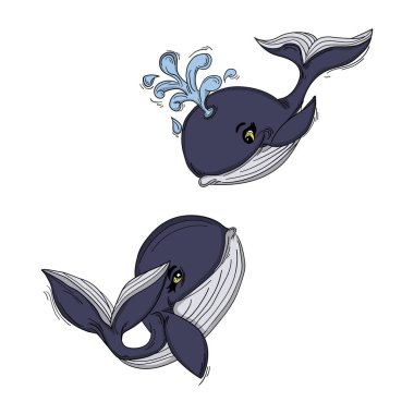 Maviye boyanmış iki çizgi film balinası. Çizim elle yapılır ve olumlu bir karaktere sahiptir. aşık yunuslar. T-shirt baskı tasarımı, kitap, tebrik kartı için İllüstrasyon. Alt karakter