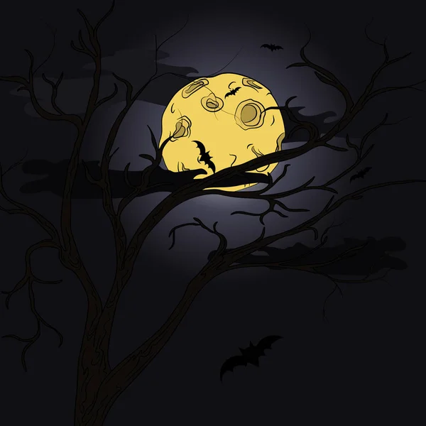 Nachtlandschaft Ein Baum Ohne Blätter Hintergrund Der Mond Und Fledermäuse — Stockvektor