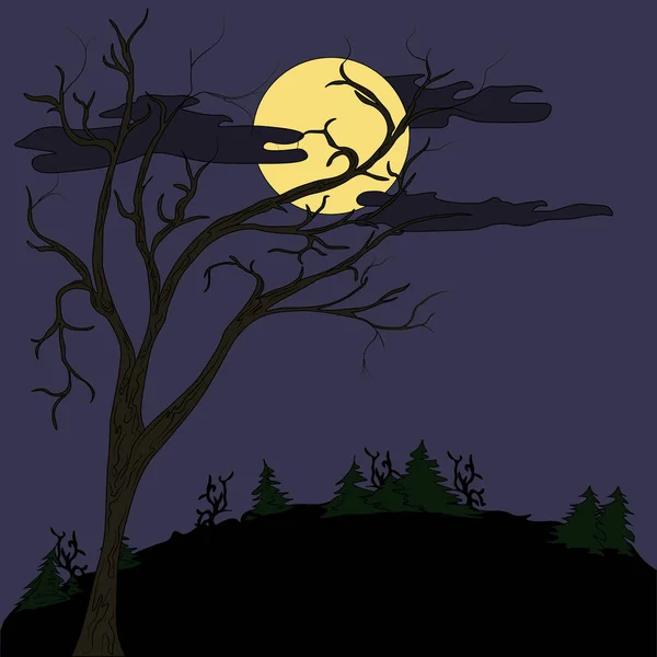 Night landscape. A tree without leaves, in the background the moon and bats.