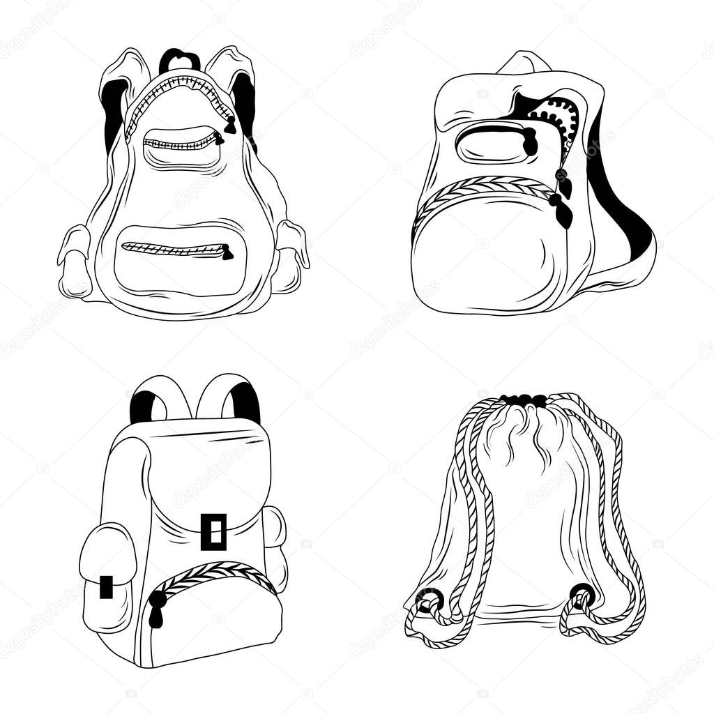 Hand drawn set of backpacks.