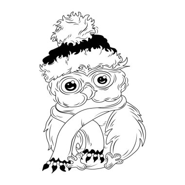 Kış şapkası ve atkısı içinde şirin bir baykuş. Çizgi film karakteri. Tişört baskısı tasarımı, kitap, tebrik kartı için el çizimi illüstrasyon. Çocuk karakteri. Siyah beyaz renkte baykuş. Kış arkaplanı