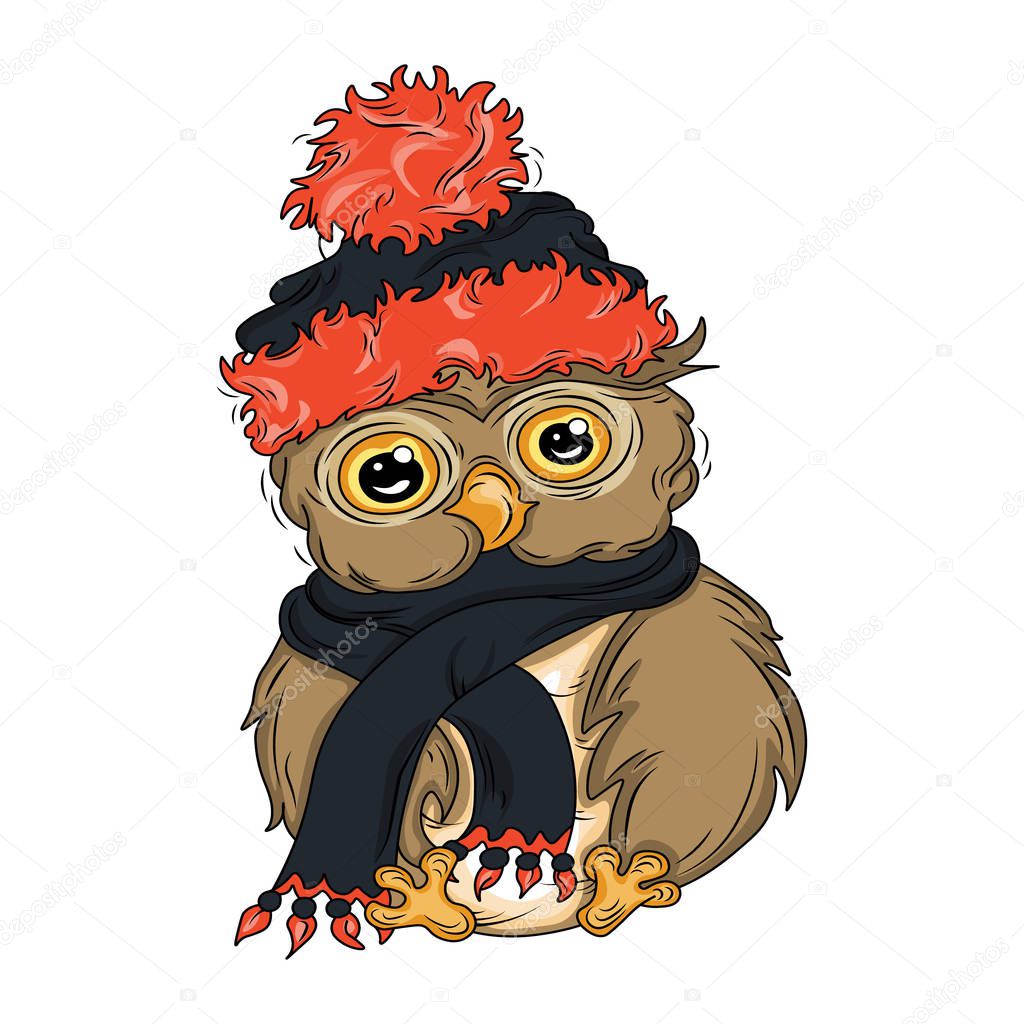 Cute cartoon owl in a winter hat and scarf. Cartoon character. Hand drawn illustration for t-shirt print design, book, greeting card. Child character. Owl decorated in bright colors. Winter background 
