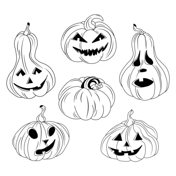 Vektor Uppsättning Glada Och Skrämmande Ansikten Halloween Pumpor Isolerad Vit — Stock vektor
