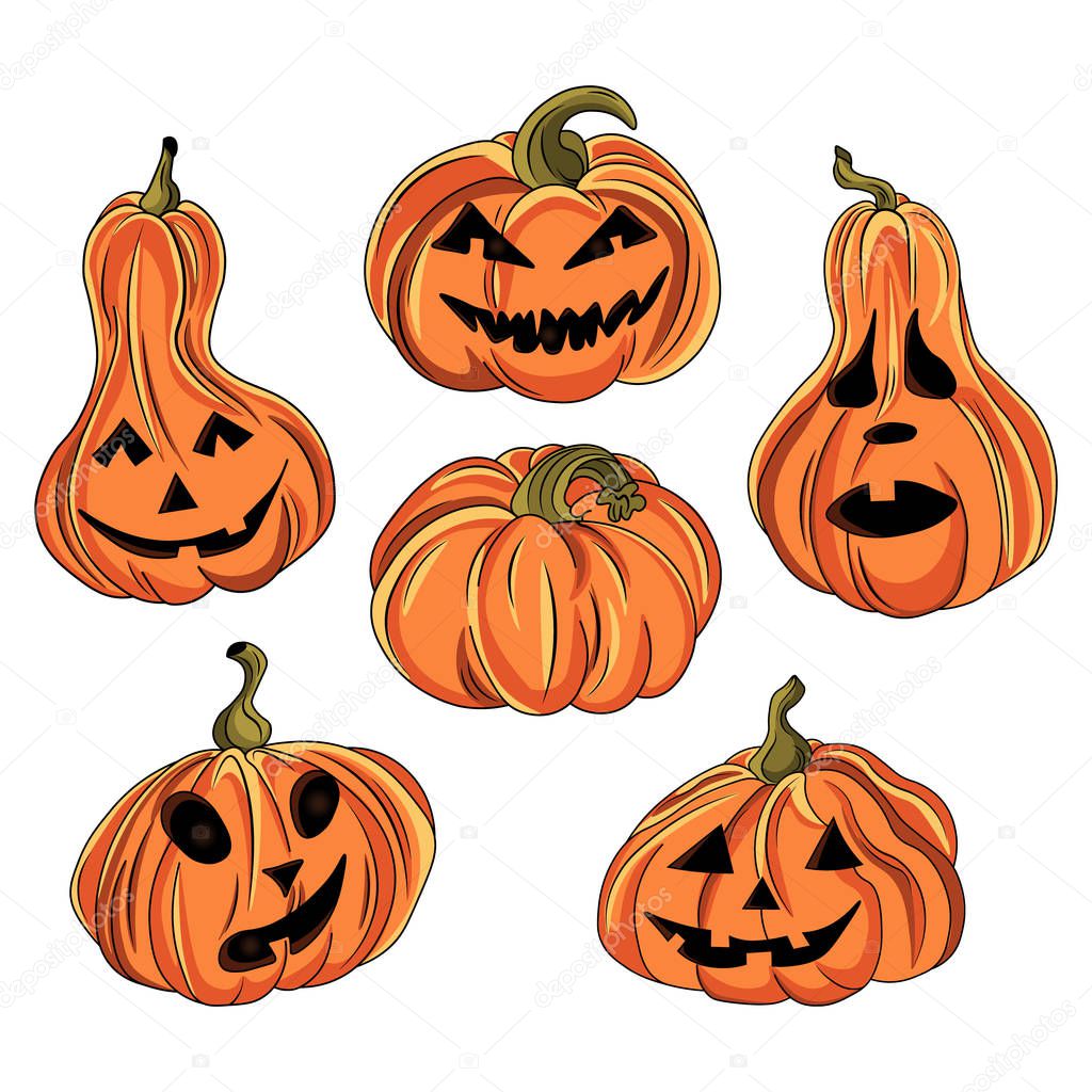 Vector set of happy and scary faces Halloween pumpkins isolated on white background. Vector cartoon Illustration. Autumn holiday. Halloween pumpkin with cut out faces funny and spooky. Trick or treat