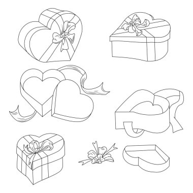 Kutuyu kalp şeklinde ayarla. Yandan kutucuk görünümü, üstten, açık, kapalı. Kurdeleli bir hediye. Yılbaşı, doğum günü, sevgililer günü için kutular. Romantik hediye. Siyah beyaz illüstrasyon