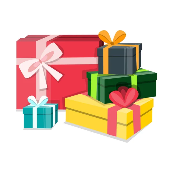 Geschenkboxen Vektorillustration Stapel Verschiedener Farbenfroher Isometrischer Geschenkboxen Mit Bändern Auf — Stockvektor