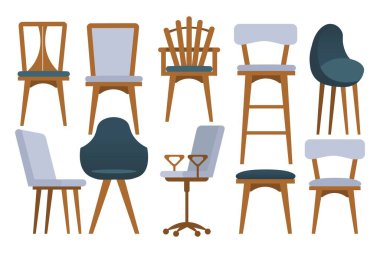 Ev ve ofis için farklı sandalyeler. Beyaz arka planda izole edilmiş. Vektör illüstrasyonu