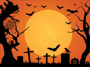 Cadılar Bayramınız Kutlu Olsun. Cadılar Bayramı arka plan. Cadılar Bayramı vektör arka plan ile kabak, uçan yarasalar, ağaçlar, örümcek, karga ve dolunay. 