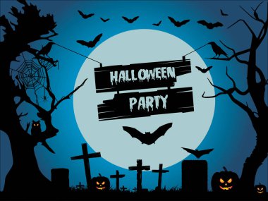 Cadılar Bayramınız Kutlu Olsun. Cadılar Bayramı arka plan mavi. Cadılar Bayramı vektör arka plan ile kabak, uçan yarasalar, ağaçlar, örümcek, karga ve dolunay. 