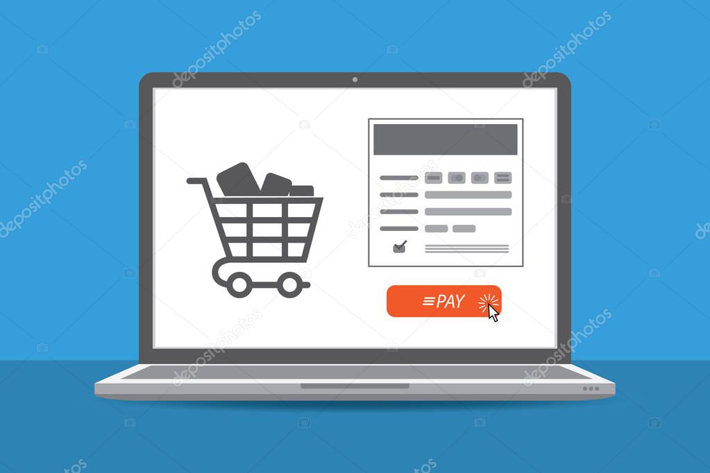 Online payment page on screen. Online shopping design. Laptop screen with shopping basket and pay button. E-commerce flat design concept. Internet shopping vector illustration. Cilcking pay button.