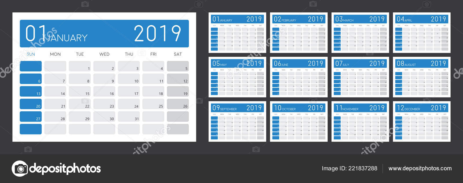 Vector Illustration 2019 Desk Calendar Simple Clean Design Editable Printable Vector Image By C Tlgbrn Vector Stock 221837288