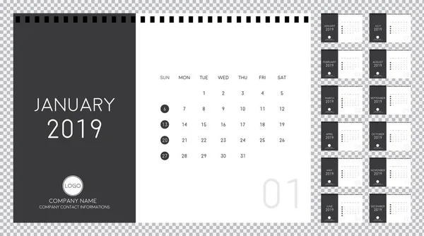 Diseño Calendario Minimalista Para 2019 Diseño Editable Sencillo Limpio Minimalista — Archivo Imágenes Vectoriales