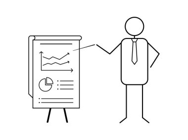 İş tanıtımı kavramı. Sopa rakam işadamı iş veri grafikleri flip grafik üzerinde gösterir. Muhasebe, iş verilerinin analizi, sunum rapor. Düz çizgi iş sunumu.