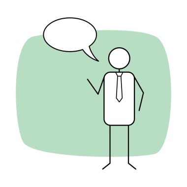 Konuşma Balon ile sopa rakam işadamı. Karikatür çizgi işadamı karakter açıklayan ya da konuşuyor. İş kavramı hat sanat vektör çizim.