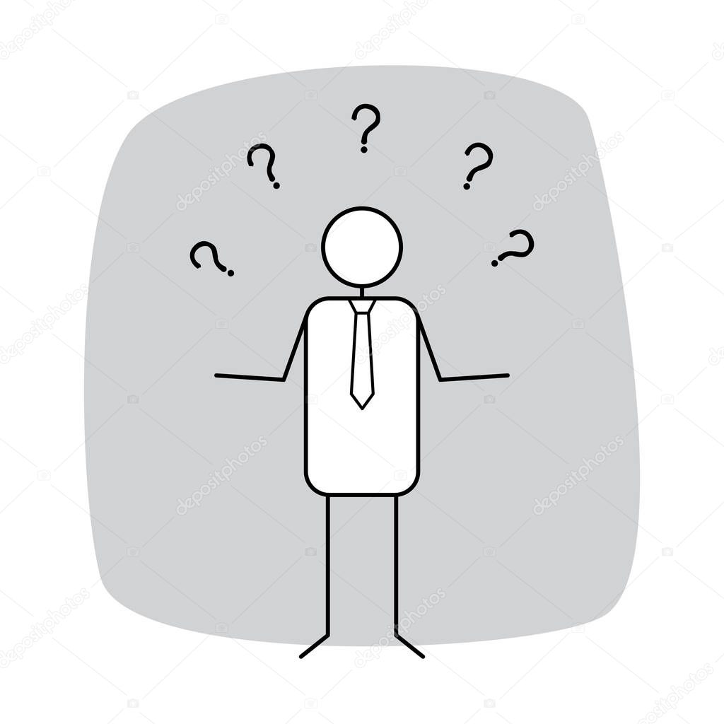 Stick businessman character surrounded by question marks. Confused businessman standing with question marks. Line art business concept. Confusion concept in business.