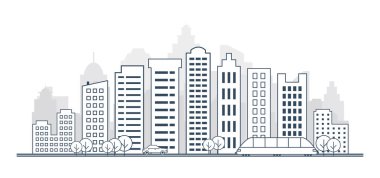 İnce çizgi stili şehir manzarası. binalar, sokaklar, arabalar, ağaçlar ve tren ile manzara. Şehir manzarası Panoraması.