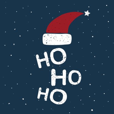 Elle çizilmiş komik Noel tebrik kartı tasarımı, yeni yıl daveti. Noel Baba kırmızı şapka gece mavi zemin üzerine. Elle çizilmiş Ho-ho-ho metin.