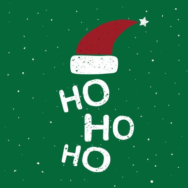 Elle çizilmiş komik Noel tebrik kartı tasarımı, yeni yıl daveti. Noel Baba kırmızı şapka yeşil zemin üzerine. Elle çizilmiş Ho-ho-ho metin.