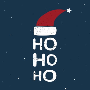 Elle çizilmiş komik Noel tebrik kartı tasarımı, yeni yıl daveti. Noel Baba kırmızı şapka gece mavi zemin üzerine. Elle çizilmiş Ho-ho-ho metin.