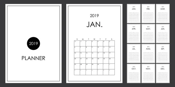 Planner Prosta Minimalistyczna Stylistyka 2019 Kalendarz Organizer Planista 2019 Rozmiar — Wektor stockowy