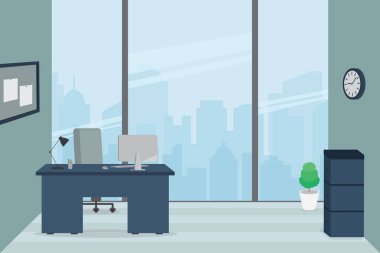 3D düz tasarım modern ofis iç. Şehir Manzaralı pencere ile Ofis İşyeri.