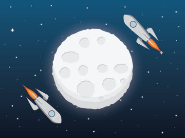 Ayın dönerek roketler. Cartton stil uzay ve ay. Vektör çizim alanı, uzay aracı, ay ve yıldız.