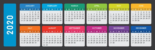 2020 Календар 2020 Шаблон Календаря Темному Фоні Доступний Редагований Векторний — стоковий вектор