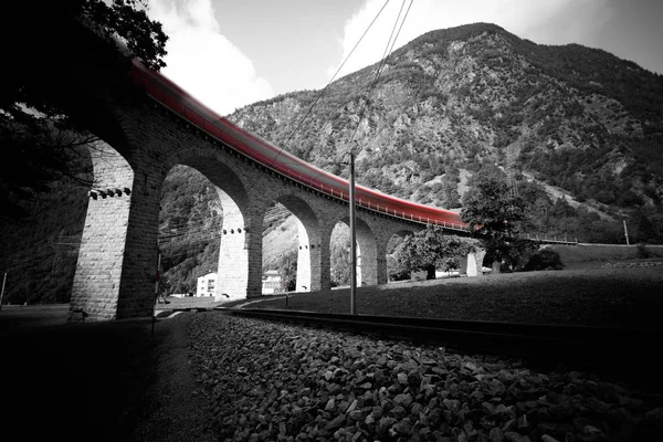 Train Passing Brusio Spiral Viaduct Unesco Landscape Bernina Railway Line Royalty Free Stock Images